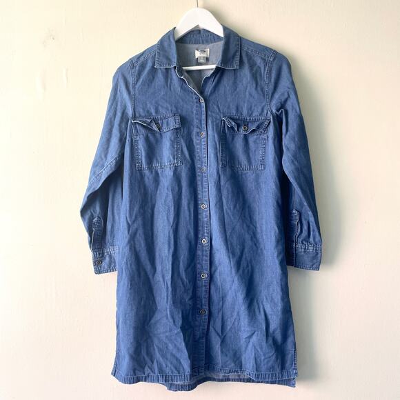 Old Navy Blue Soft Denim Jeans Button Down High Low Hem Dress w Collar - S - Picture 6 of 8